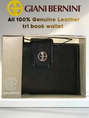 Giani Bernini Black Leather Tri-Fold Wallet with Gold Emblem
